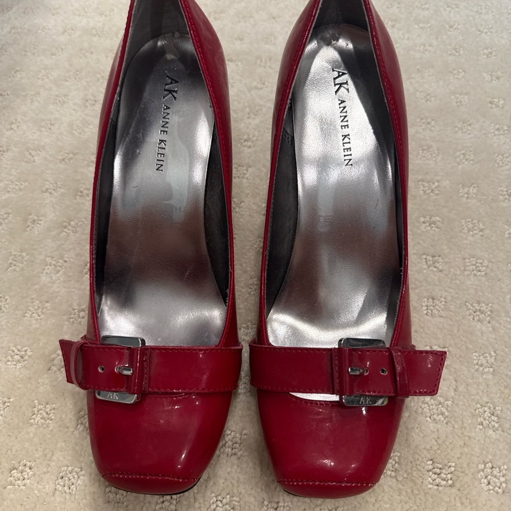 Anne Klein Red Patent Leather Buckle Pumps | Square Toe - Picture 2 of 9